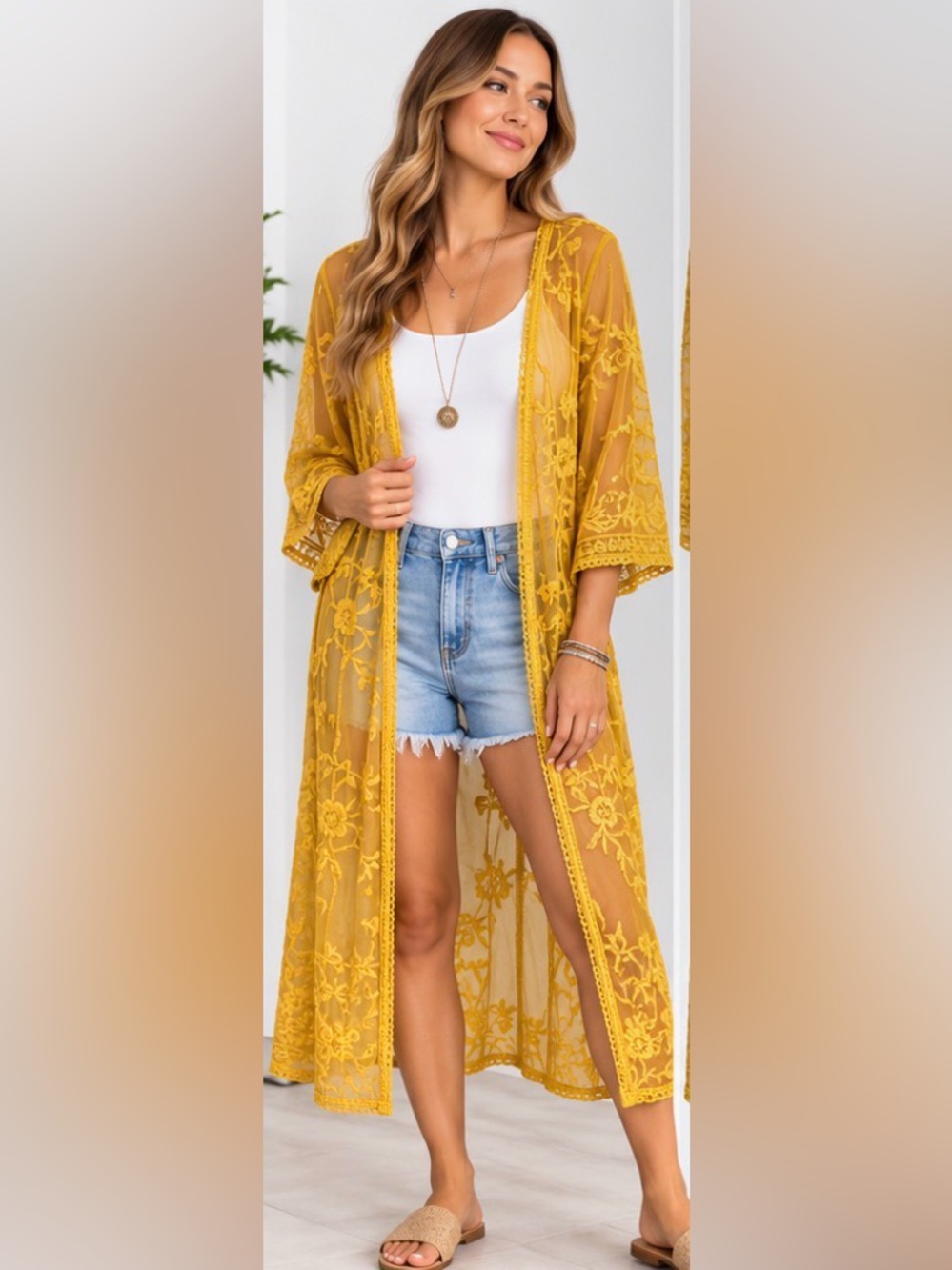 RAJ Mustard Yellow Embroidered Lace Kimono Duster One Size NWT